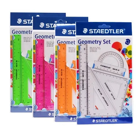 Student plastic geometry set with transparent 15cm ruler, 30 degree triangle, 45 degree triangle, and protractor in neon green
