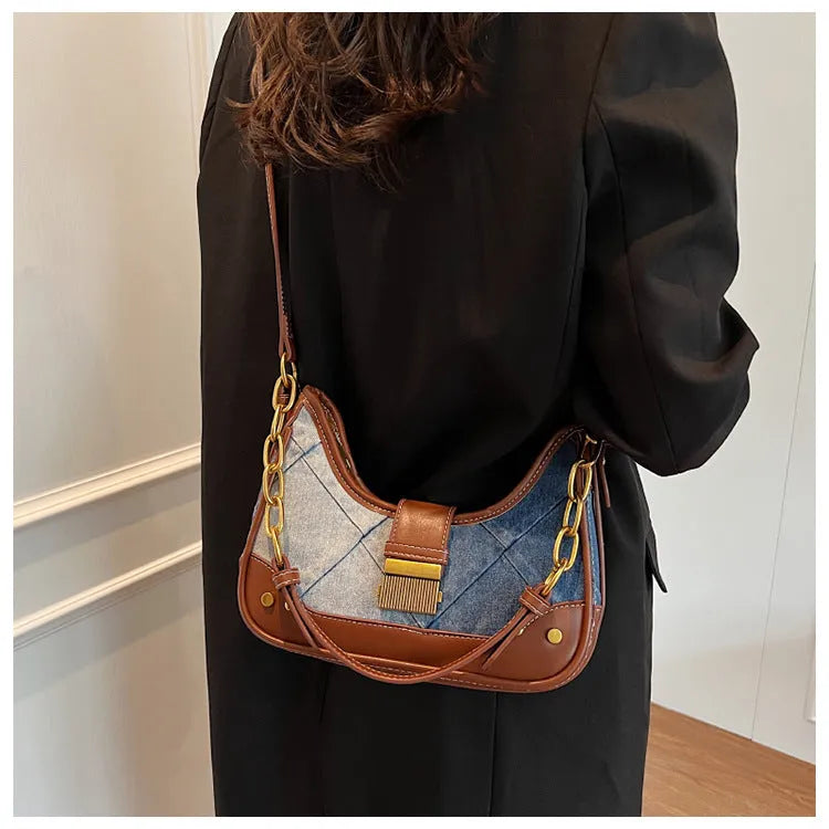 Brown denim women's shoulder bag with diamond mesh detail and bucket design