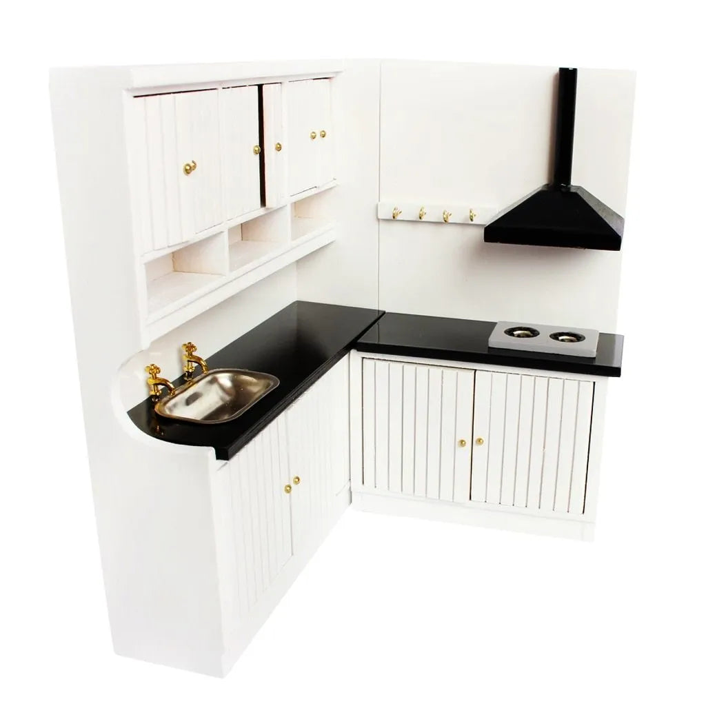 White two-piece dollhouse kitchen cabinets with working doors and metal handles on a birch wood body.