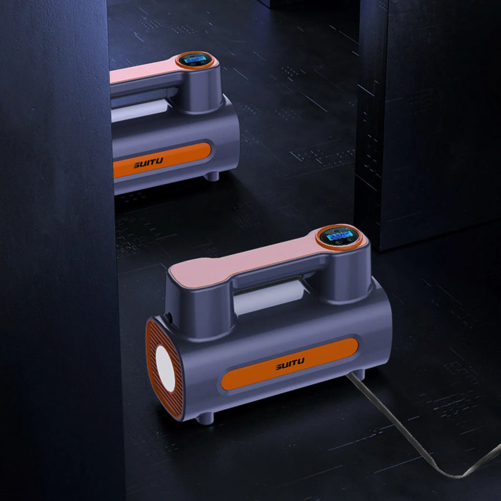 Portable cordless car tyre inflator with digital display showing pressure reading on ABS plastic housing