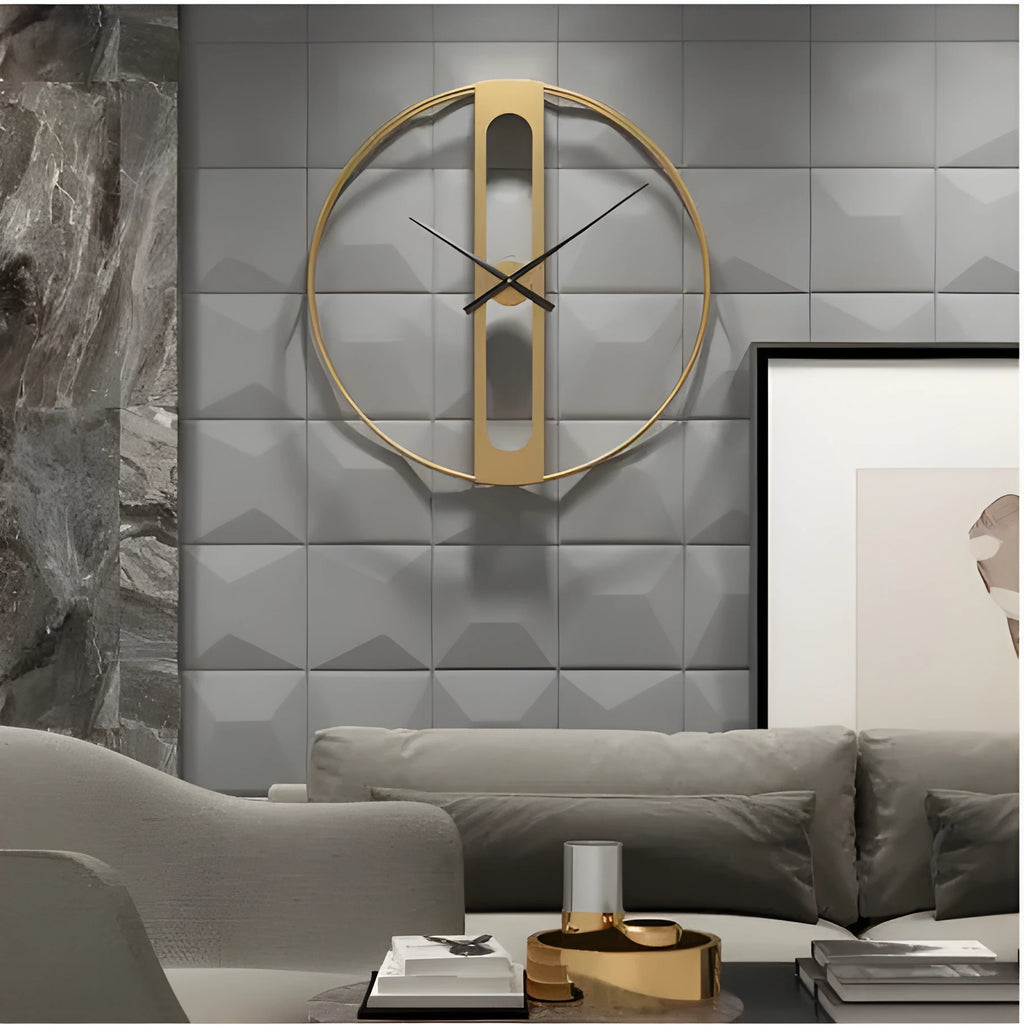 Round metal wall clock in black and gold finish options, 50cm diameter analogue face