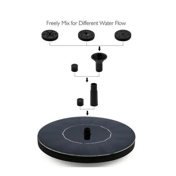 Black solar-powered water fountain pump with four spray nozzles, placed in a birdbath.