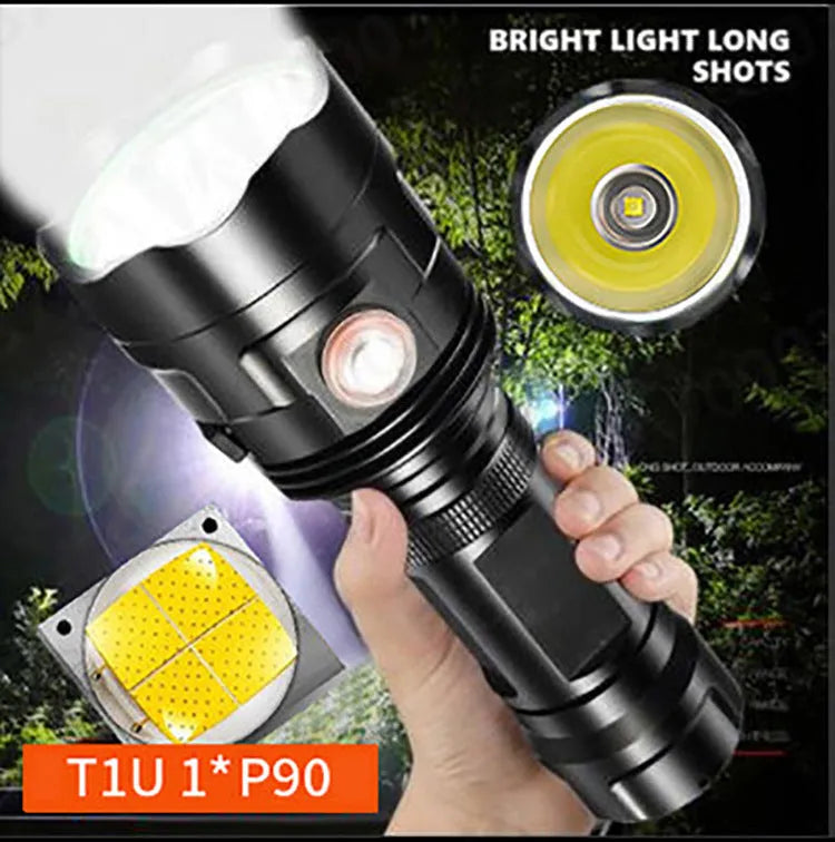 Black aluminium alloy tactical LED torch with six dimming modes and IPX5 waterproof rating