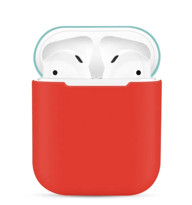 Split-shell silicone protective case for Apple AirPods charging box in a selection of colours on a plain background.