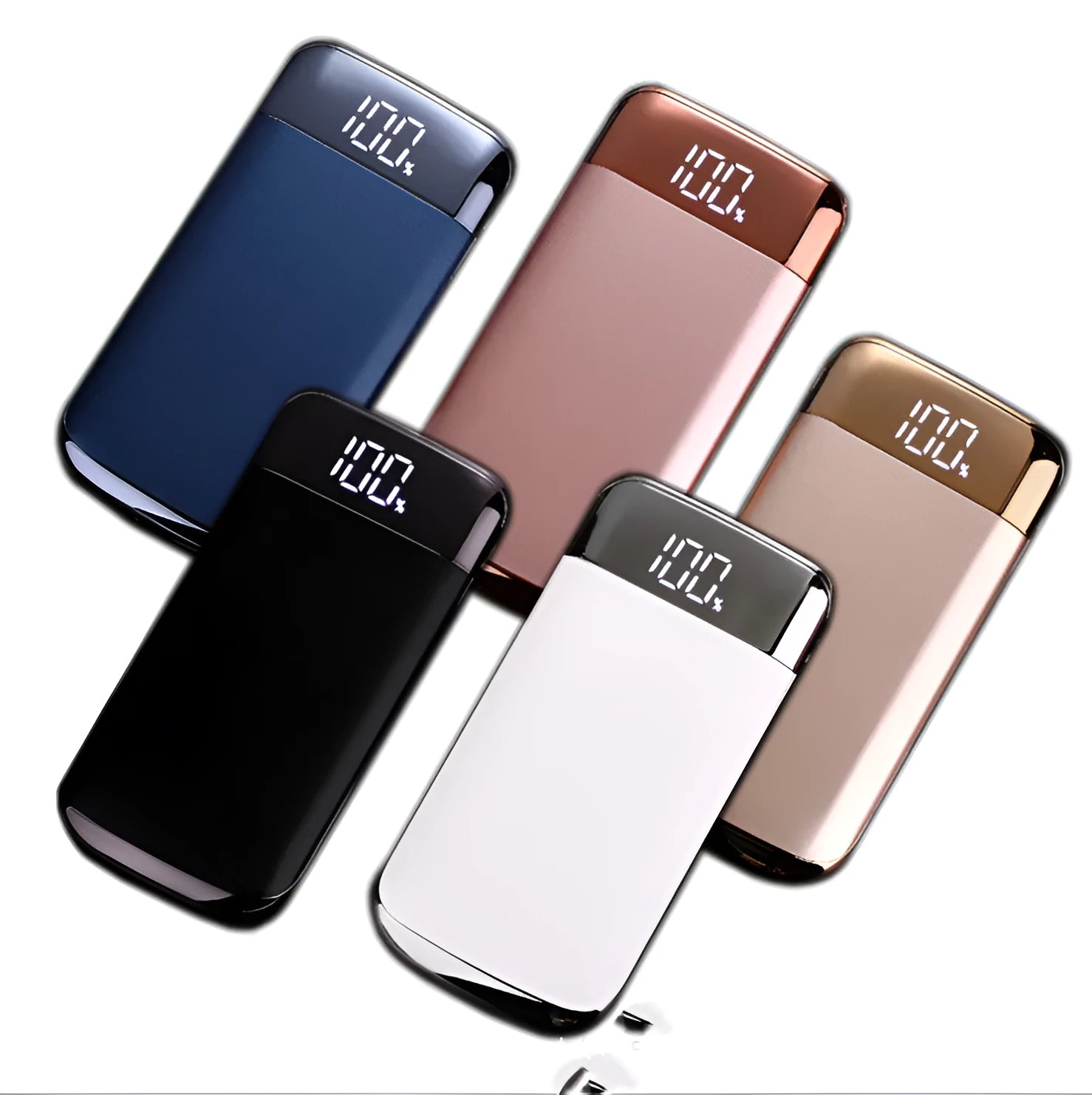 Square aluminium case power bank with battery display showing five colour options: black, blue, gold, pink, white