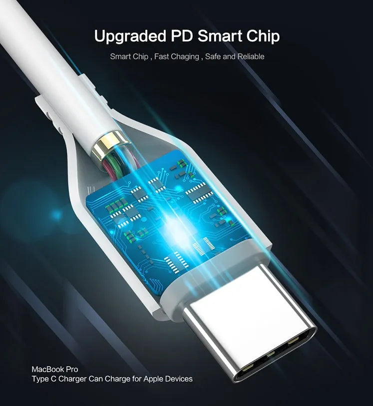 White nylon braided USB-C to Lightning charging cable for iPhone and iPad.