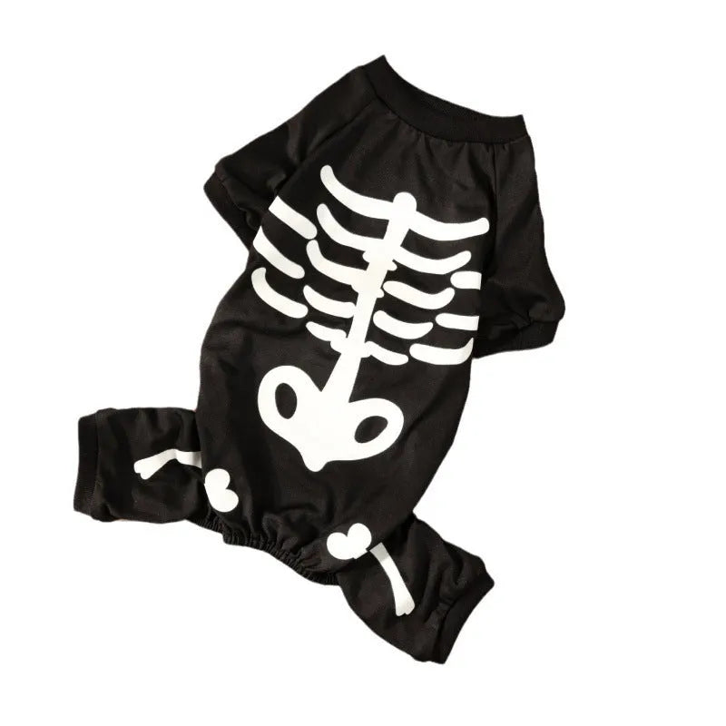 Halloween pet costume with luminous skull bones design on a four-legged polyester outfit for dogs or cats.