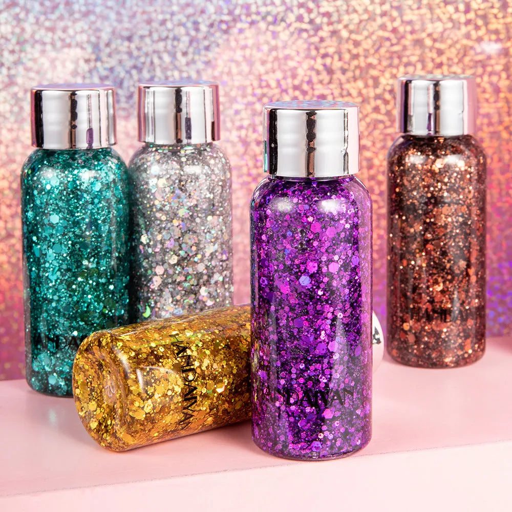 30g glitter body gel with chunky sequins in a compact pot, available in multiple colours for party makeup and nail art