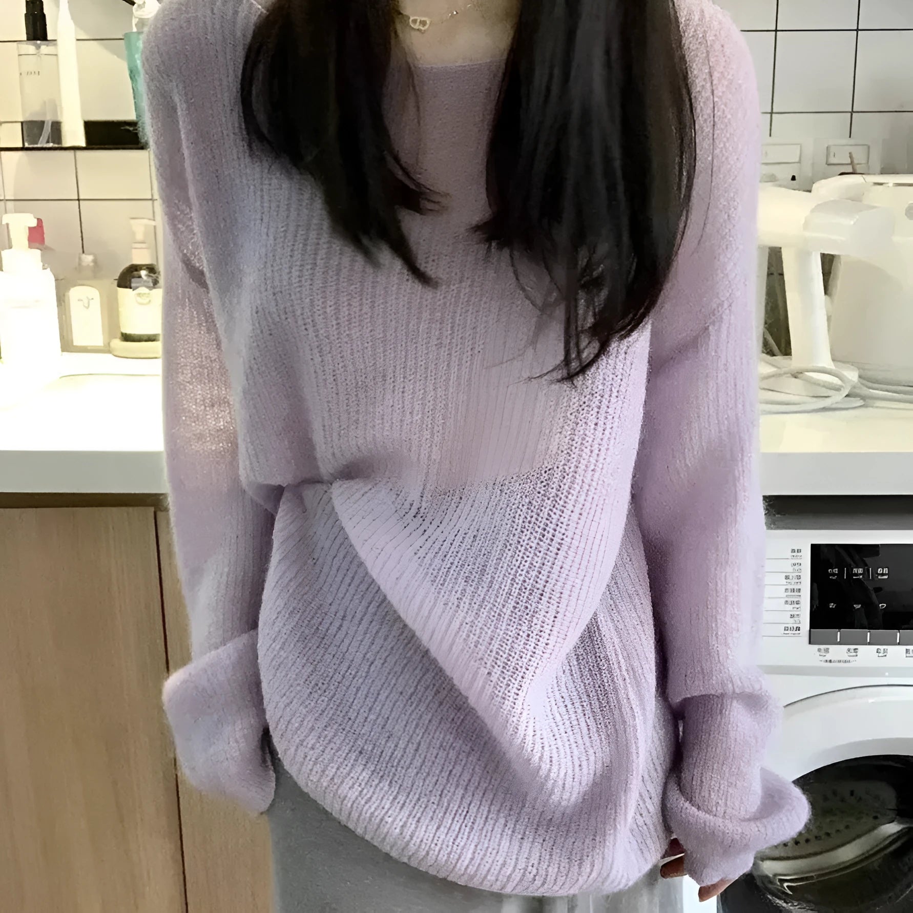 Purple ice silk women's blouse with princess sleeves and shoulder strap detail