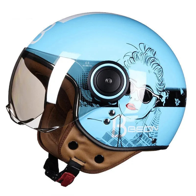 Retro battery car half helmet in bright colour with ABS construction for adult riders