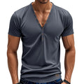 Men's loose fitting solid colour V-neck pullover top with button detail on the collar.