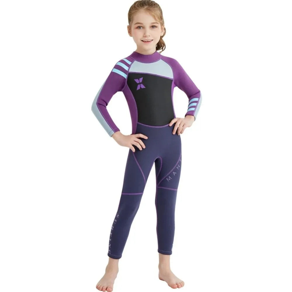 Children diving suit in black pink for girls, SCR neoprene wetsuit with long sleeves
