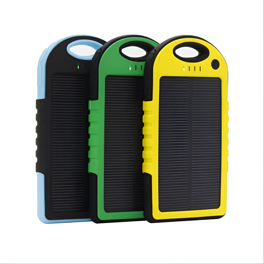 Solar power bank 8000mAh dual battery charger with 1W monocrystalline panel, IPX4 waterproof, and carabiner on backpack