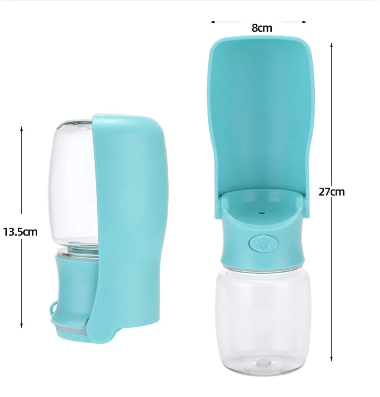 Foldable blue dog water bottle showing collapsed and expanded states with dispenser mechanism