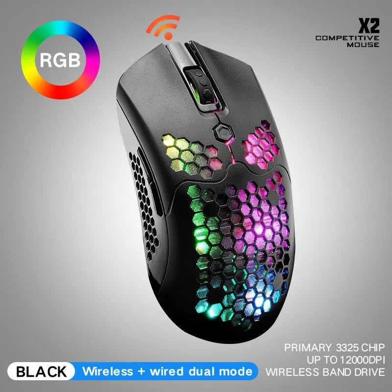 Free Wolf X2 wireless gaming mouse with honeycomb shell and RGB lighting in multiple colour options on a desk.
