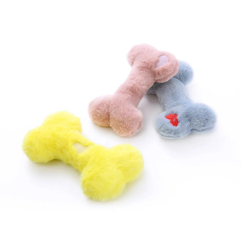 Bone-shaped plush dog toy with squeaker in blue, pink, and yellow colour options