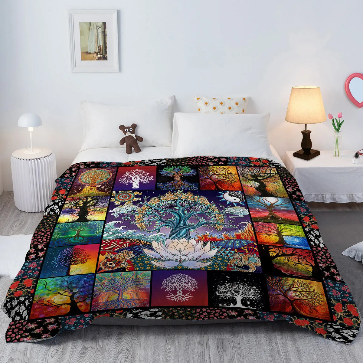 Multicolored flannel blanket with lotus tree print, soft velvet fabric, hemmed edges, available in 75x100cm 130x150cm 150x200cm
