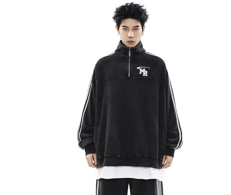 Black men's stand collar casual hoodie with long sleeves on a neutral background.