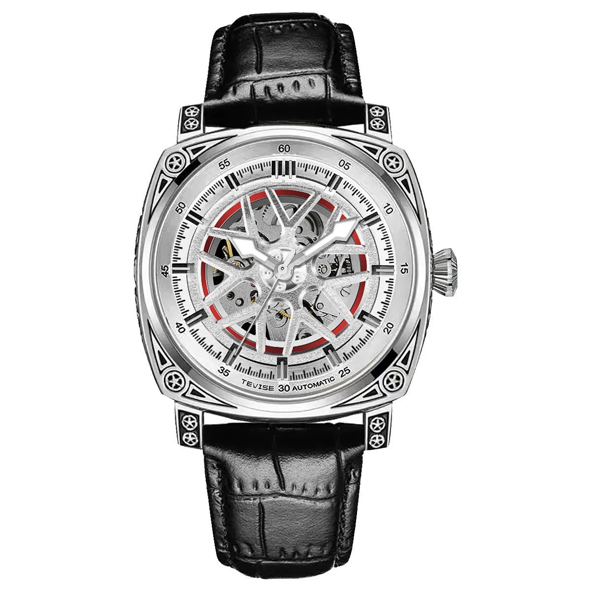 Men's automatic mechanical watch with stainless steel case and blue leather strap