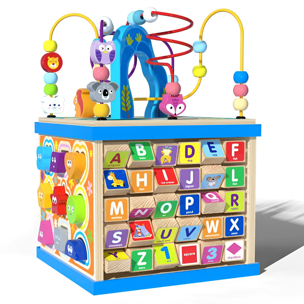 Blue wooden bead treasure box toy with multifunctional scenes for children's development