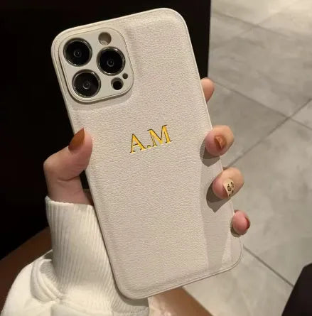 Gold-embossed personalised name on imitation leather phone case for iPhone with all-inclusive glass coverage