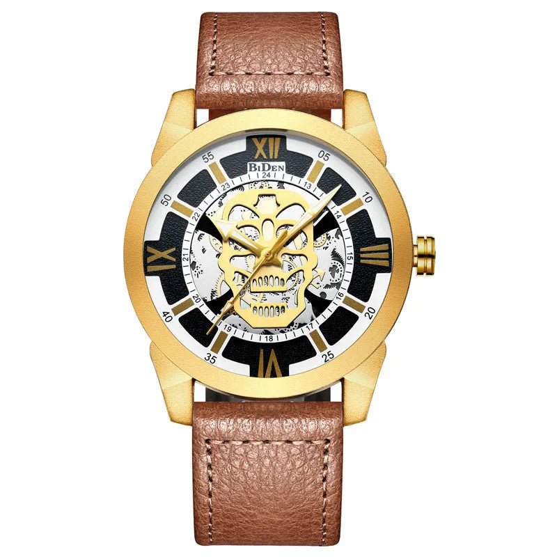 Biden men's hollow quartz watch with calendar display and brown leather strap