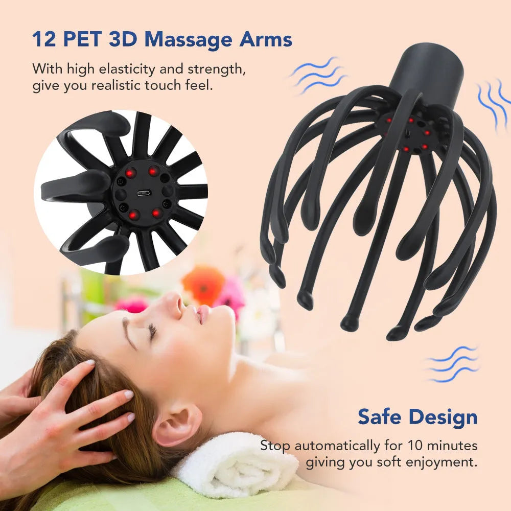 Octopus Electric Head Massage Tingler multi-claw scalp massager with TPE claws in black rechargeable variant