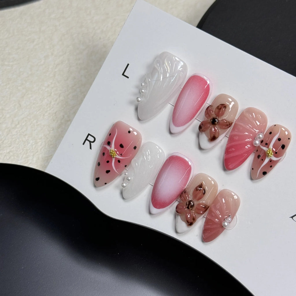 Hand-painted 3D carved nail art patches in almond shape and candy colours, sizes XS to L.