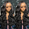 Black synthetic full-head wig with curly medium-to-long waves on a lace mesh cap.