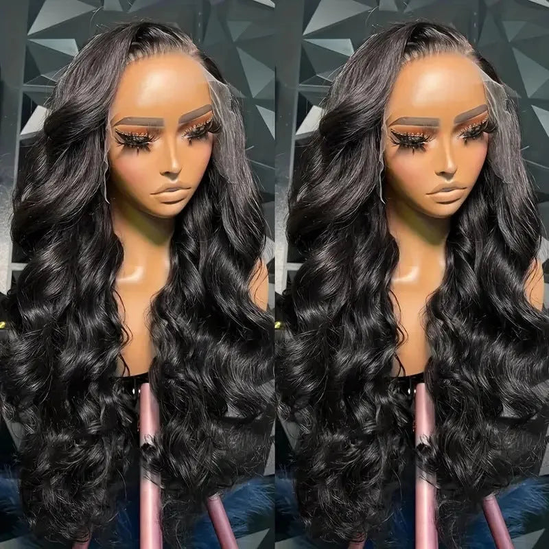 Black synthetic full-head wig with curly medium-to-long waves on a lace mesh cap.