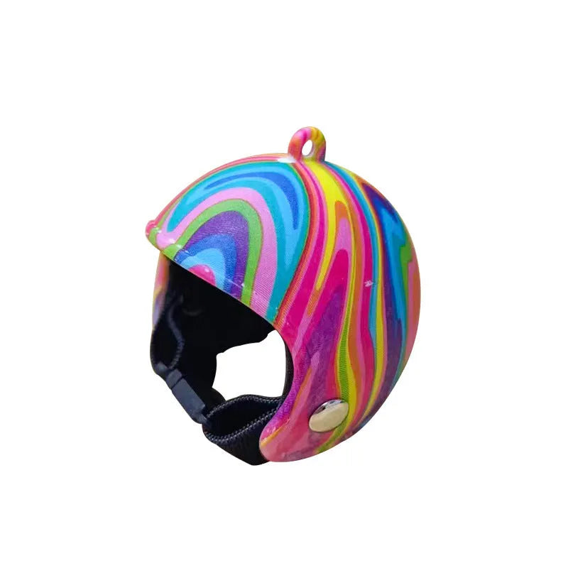 Plastic chicken helmet pet accessory in various colours and designs for poultry headgear.