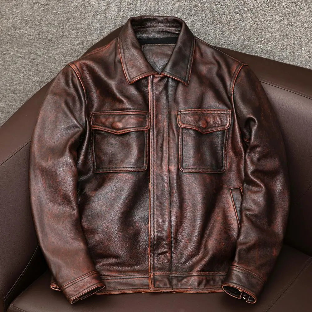 Men's black lapel collar PU leather jacket with patterned detailing and side pockets