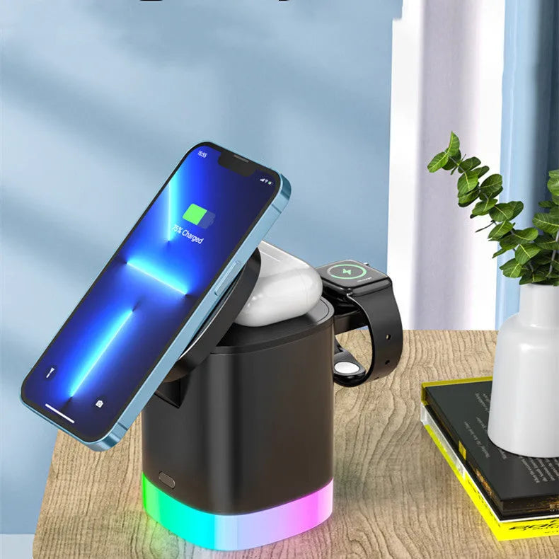 Black foldable 3-in-1 magnetic wireless charging station cube for iPhone, Apple Watch and AirPods
