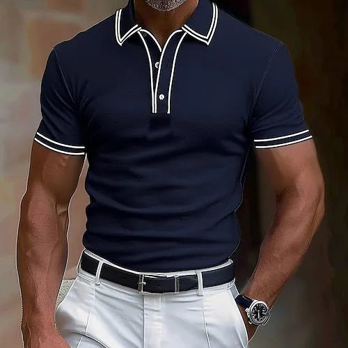 Men's loose fit stripe pattern summer T-shirt on hanger showing short sleeves and casual design