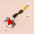 Red hanging door cat toy with elastic rope, feather, bell, and spider attachment