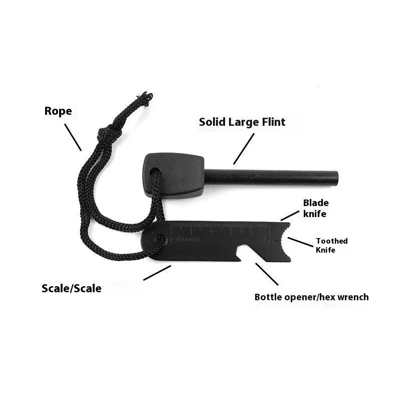 Black outdoor multifunctional flint with magnesium rod and stainless steel scraper tools