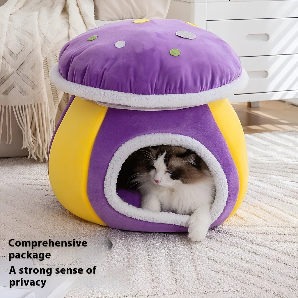 Grey mushroom-shaped plush cat nest bed for pets on a white background.