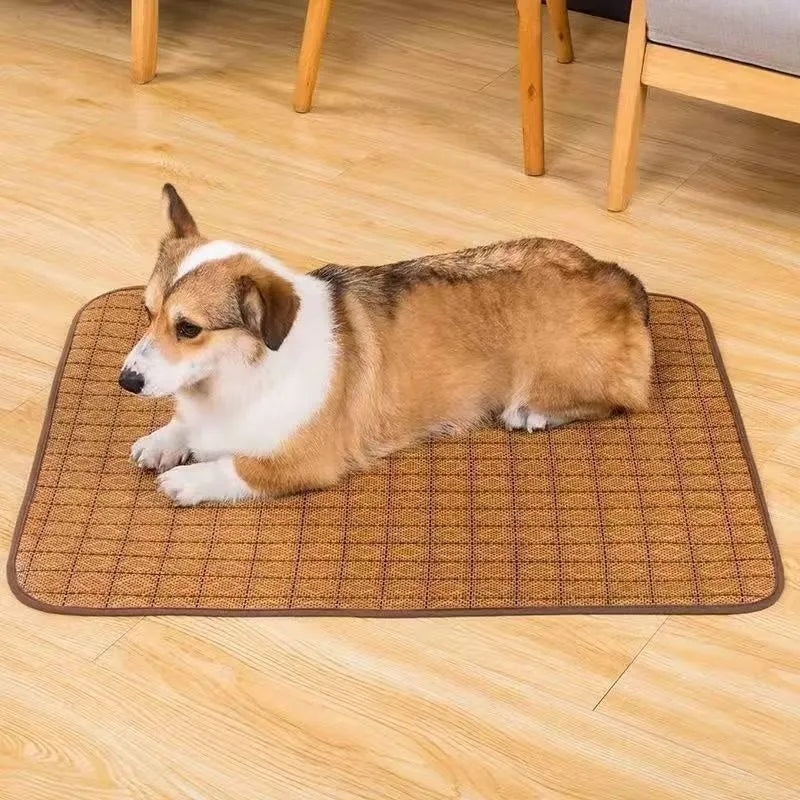 Brown woven rattan cooling mat for dogs, shown in a large size.