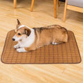 Brown woven rattan cooling mat for dogs, shown in a large size.