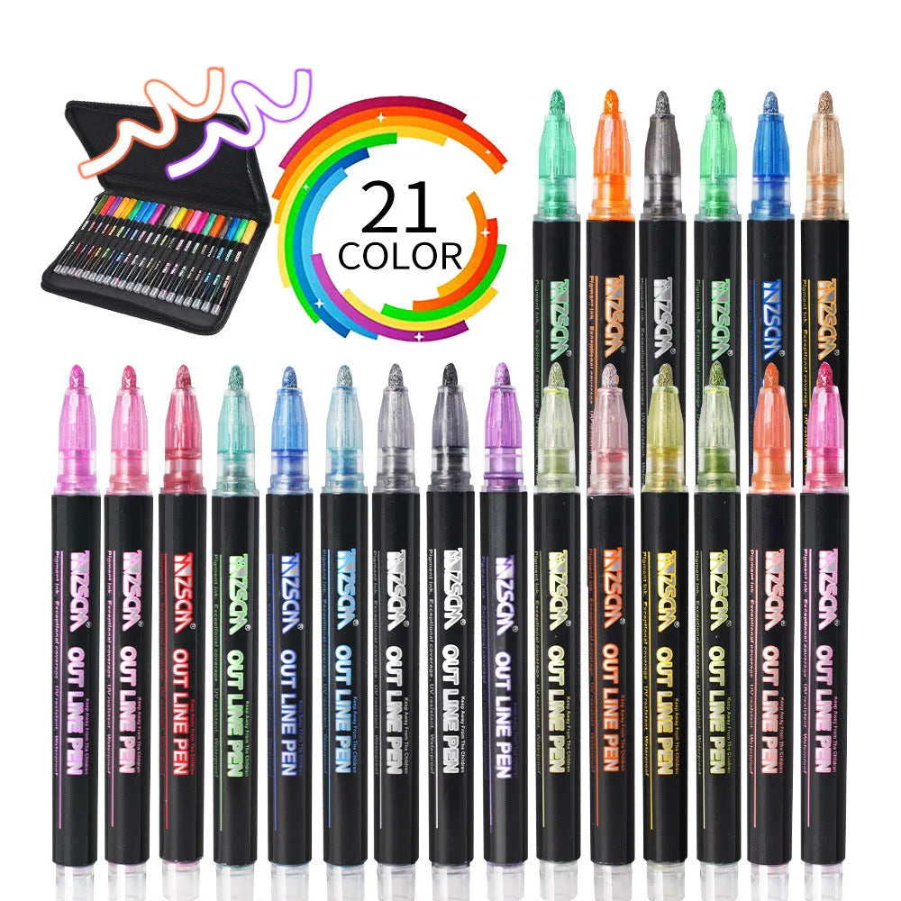 Double line pen colour hand account pen 21 colour set with plastic shell and water-based ink