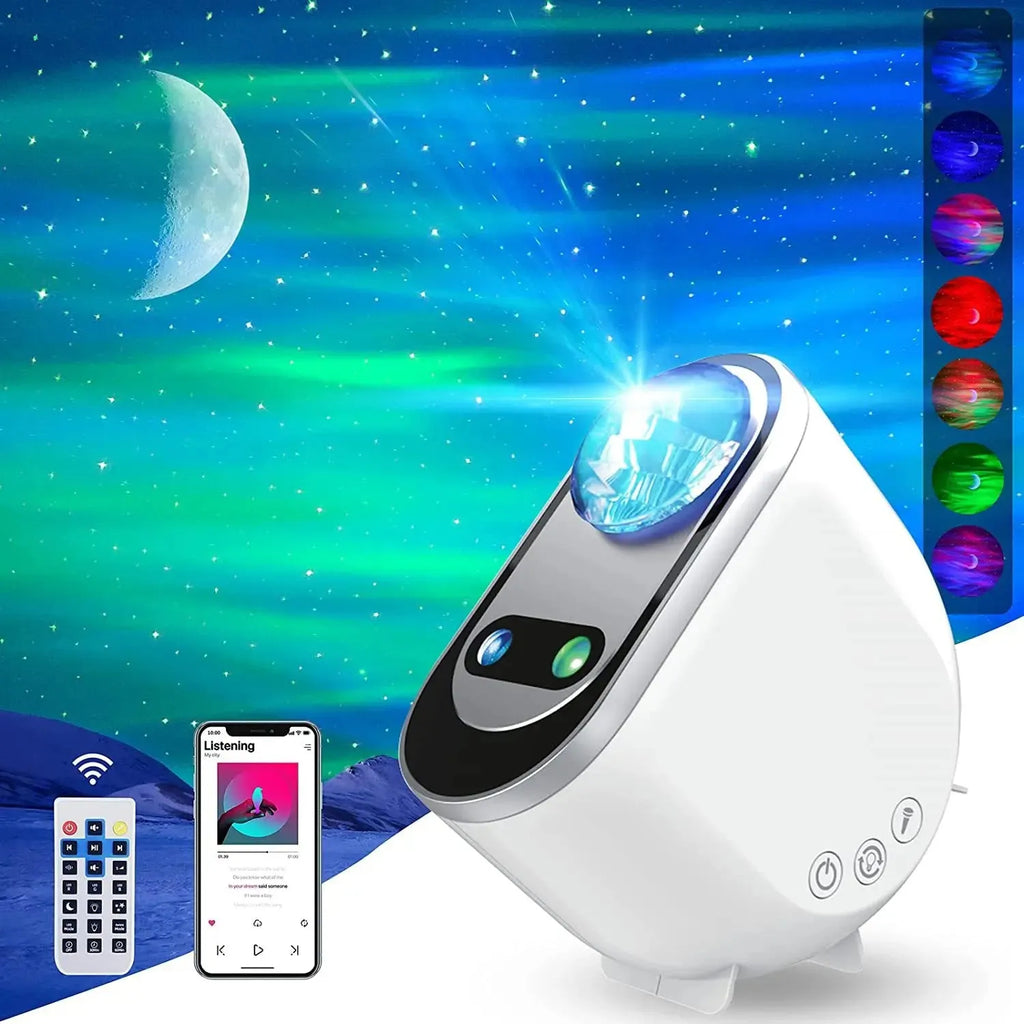 White Northern Lights galaxy star projector with remote control showing galaxy projection effects
