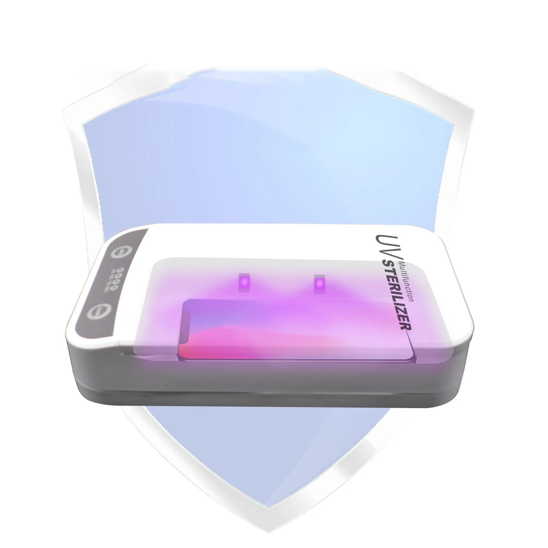 UV disinfection box with USB port, showing internal chamber for a mobile phone.