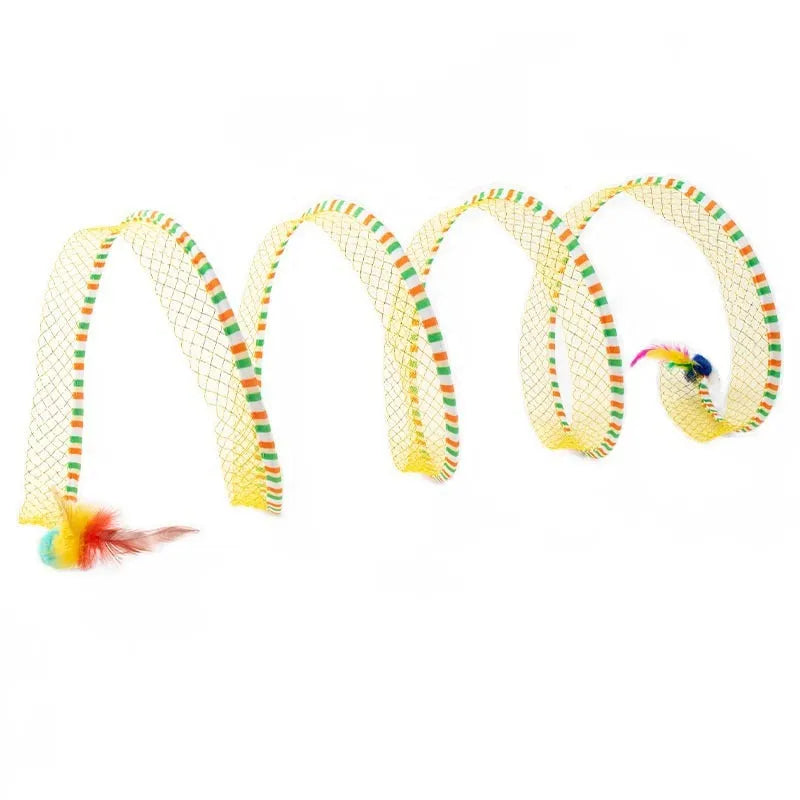 Blue and yellow cat toy set showing a long teasing stick with feather and a collapsible fabric tunnel.