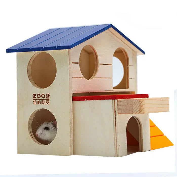 Blue rooftop wooden hamster chalet measuring 17cm wide for cage enrichment