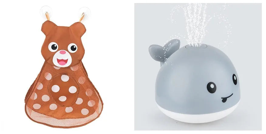 Automatic water spray whale bath toy with LED lights for baby sensory play