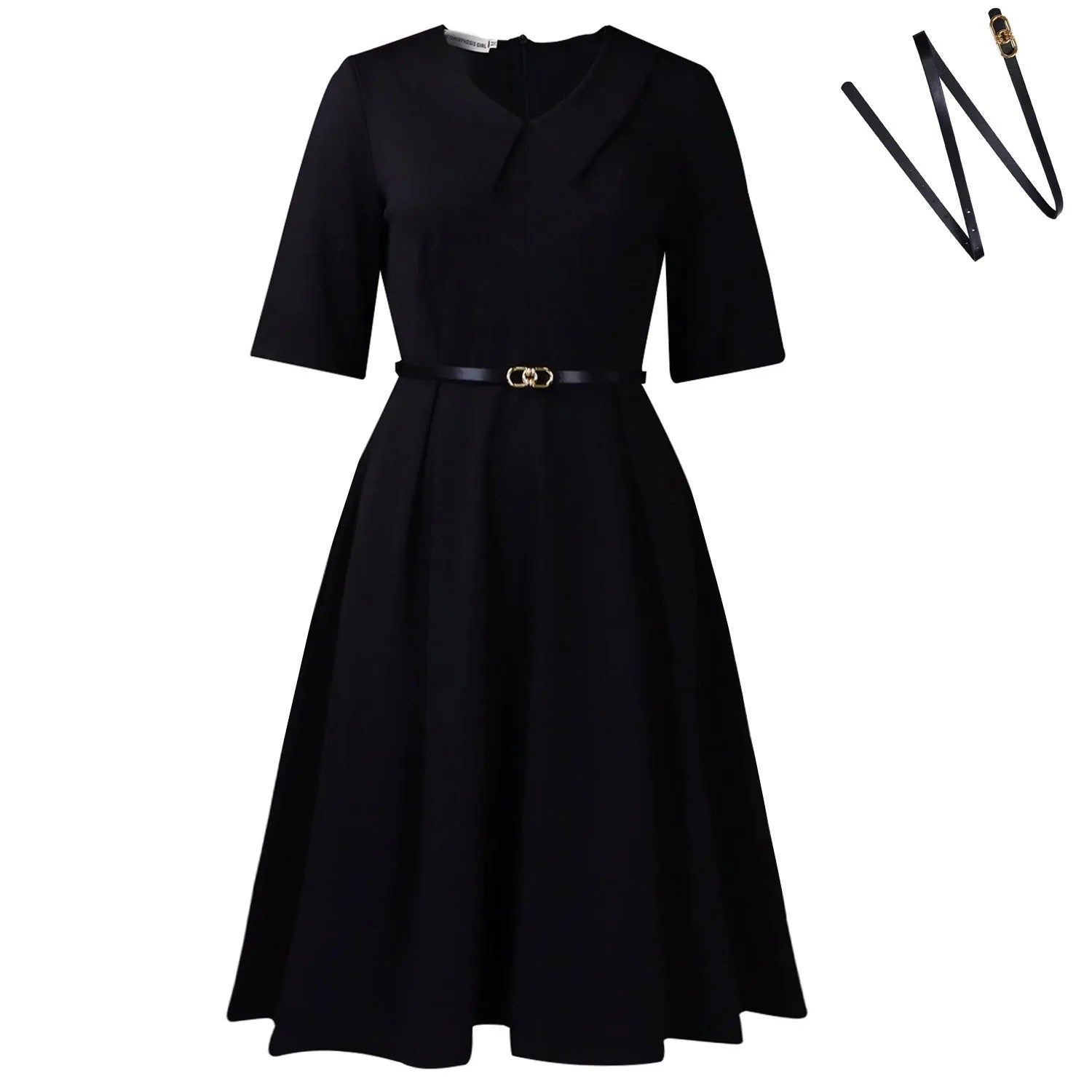 Solid colour African dress with half sleeves and a matching belt, shown on a hanger.