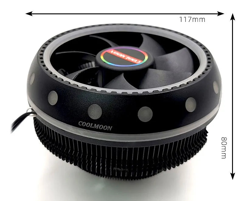 Black CPU heat sink with aluminium fins and colour changing fan for desktop PC cooling