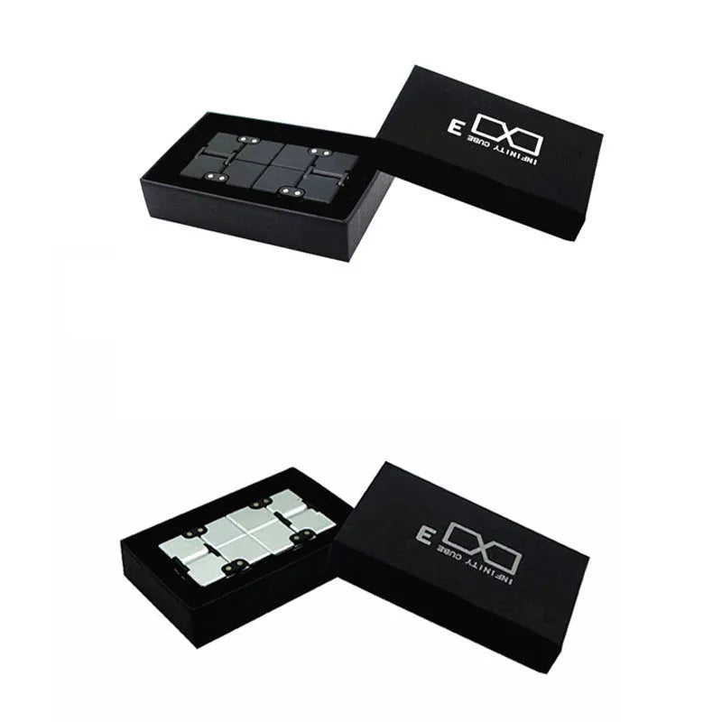 Zinc alloy infinity cube fidget toy in black finish showing rotating cube mechanism