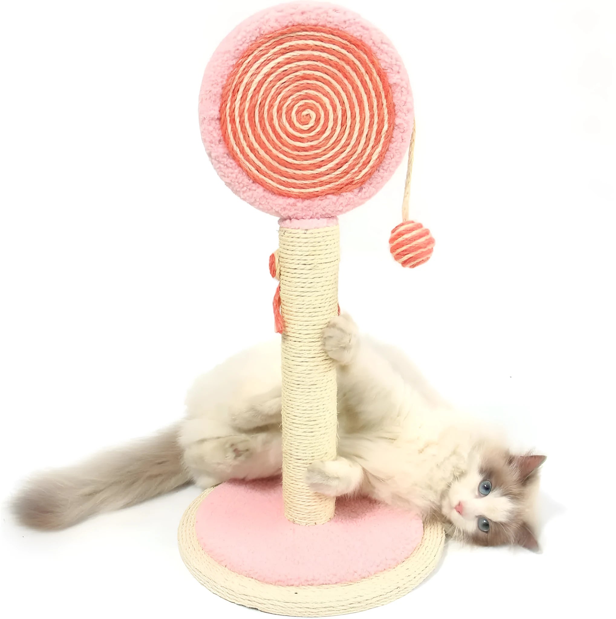 Blue cat scratching post with natural sisal rope and a hanging ball on a stable wooden base.