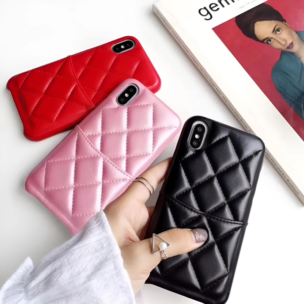 Genuine leather iPhone case in black, pink, and red colours for XS Max and iPhone 6-8 Plus models.